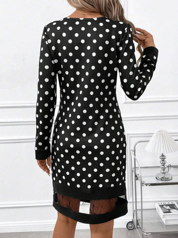 Women's Elegant Polka Dot Knitted Color Contrast H-Line Casual Dress, Suitable For Commuting And Daily Wear Black Dress Fall Women Clothes Vestido