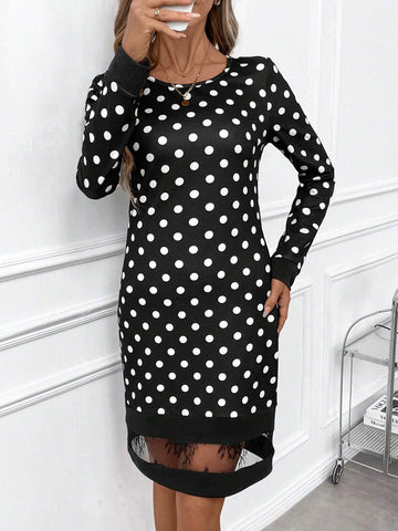 Women's Elegant Polka Dot Knitted Color Contrast H-Line Casual Dress, Suitable For Commuting And Daily Wear Black Dress Fall Women Clothes Vestido