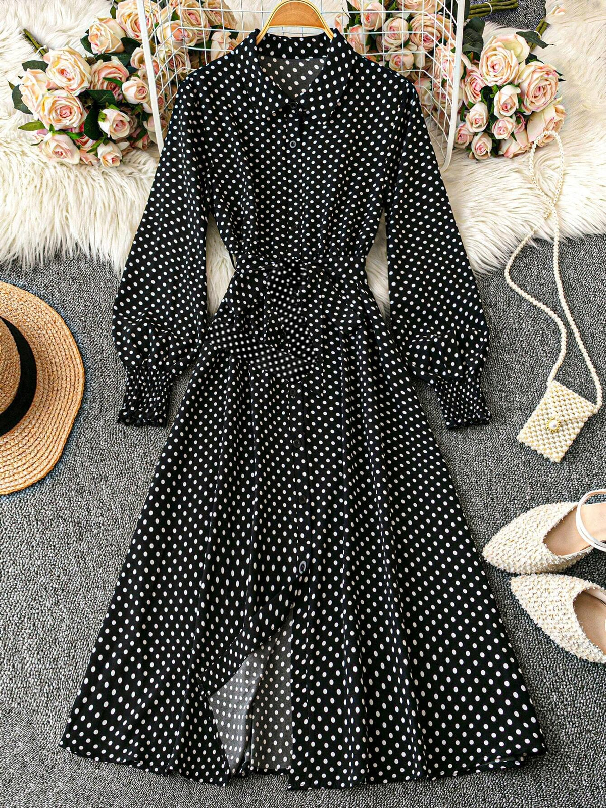 Women's Elegant Polka Dot Print Lantern Sleeve Belted Shirt Dress