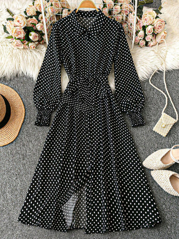 Women's Elegant Polka Dot Print Lantern Sleeve Belted Shirt Dress