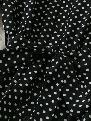 Women's Elegant Polka Dot Print Lantern Sleeve Belted Shirt Dress
