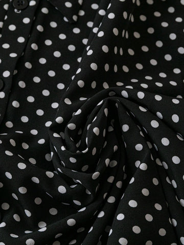 Women's Elegant Polka Dot Print Lantern Sleeve Belted Shirt Dress