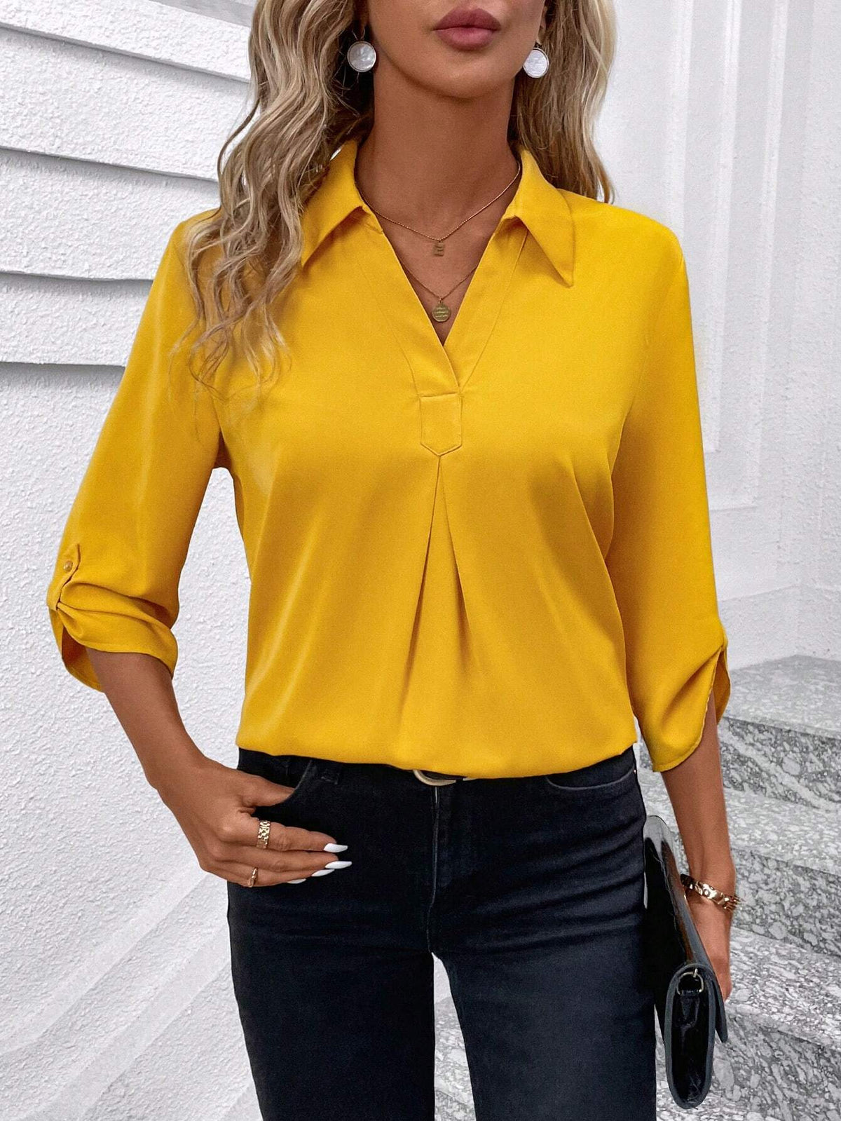 Clasi Women's Elegant Puff Sleeve Loose Fit Shirt With Lapel Collar