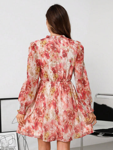 Women's Elegant Romantic Shirred Ruffle Trim Tassel Tie Sleeve A-Line Dress