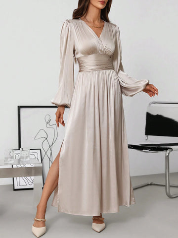 Women's Elegant Satin Lantern Sleeve Open Slit Midi Dress, Autumn & Winter