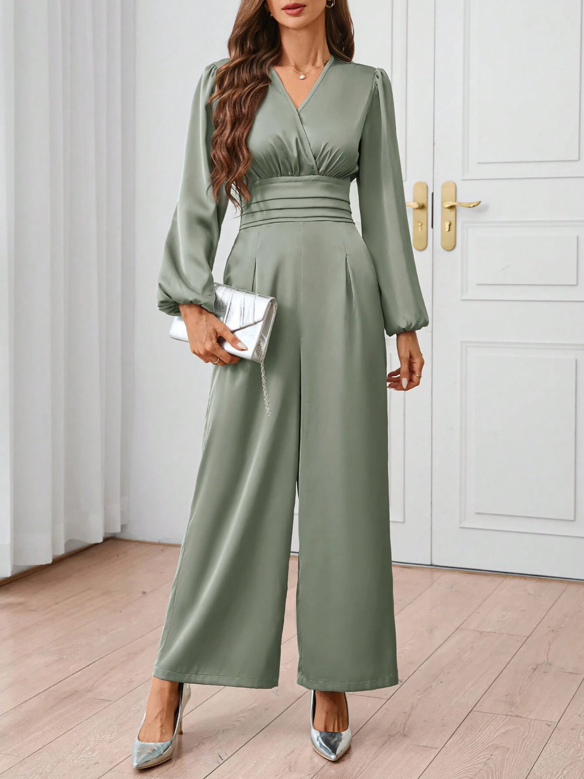Women's Elegant Satin V-Neck Ruched Waist Jumpsuit With Long Sleeves