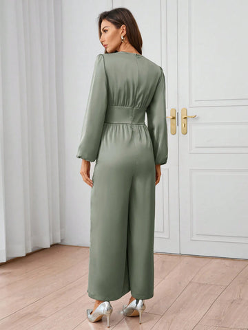 Women's Elegant Satin V-Neck Ruched Waist Jumpsuit With Long Sleeves