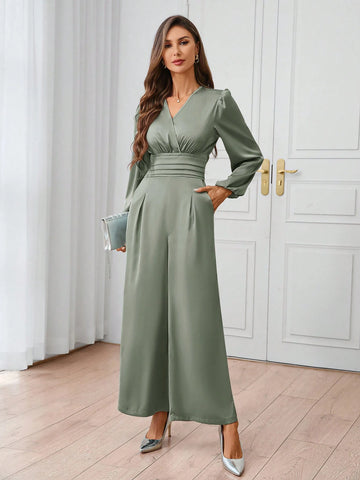 Women's Elegant Satin V-Neck Ruched Waist Jumpsuit With Long Sleeves