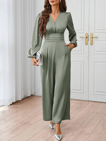 Women's Elegant Satin V-Neck Ruched Waist Jumpsuit With Long Sleeves