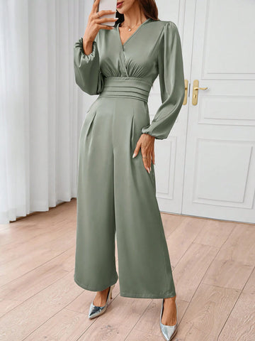 Women's Elegant Satin V-Neck Ruched Waist Jumpsuit With Long Sleeves