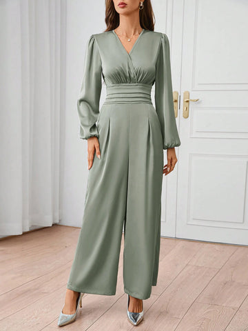 Women's Elegant Satin V-Neck Ruched Waist Jumpsuit With Long Sleeves
