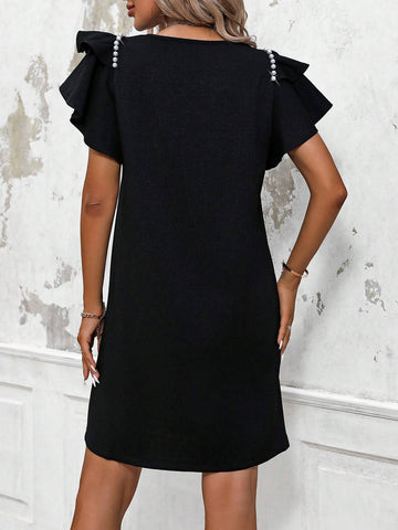 Women's Elegant Short Sleeve Multi-Layered Ruffle Studs Decorated V-Neck Shift Dress