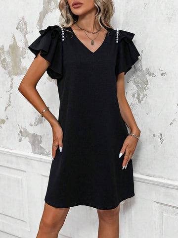 Women's Elegant Short Sleeve Multi-Layered Ruffle Studs Decorated V-Neck Shift Dress