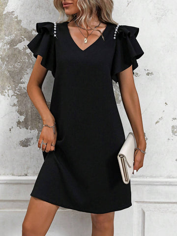 Women's Elegant Short Sleeve Multi-Layered Ruffle Studs Decorated V-Neck Shift Dress