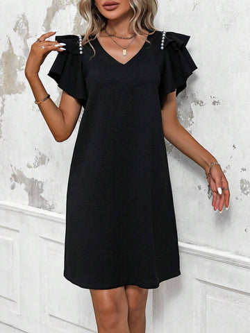 Women's Elegant Short Sleeve Multi-Layered Ruffle Studs Decorated V-Neck Shift Dress