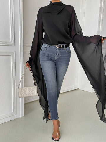 Clasi Women's Elegant Solid Color Batwing Sleeve Blouse, Autumn