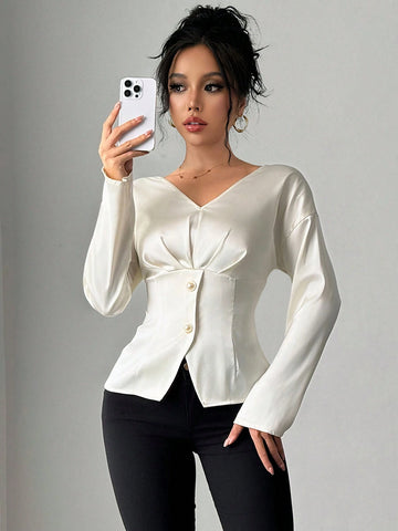 Clasi Women's Elegant Solid Color Cinched Waist Office Shirt