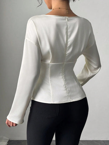 Clasi Women's Elegant Solid Color Cinched Waist Office Shirt