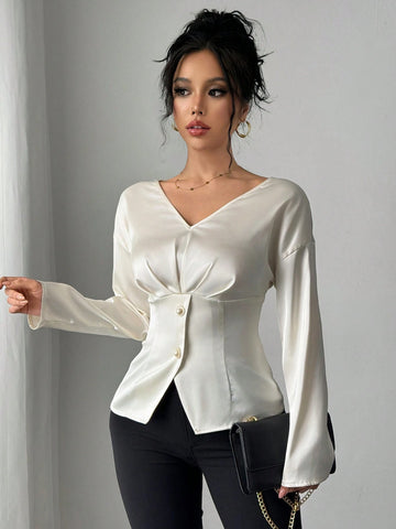 Clasi Women's Elegant Solid Color Cinched Waist Office Shirt