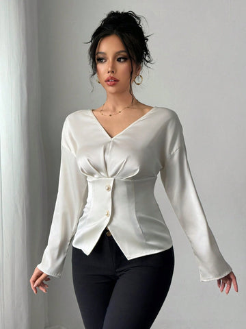 Clasi Women's Elegant Solid Color Cinched Waist Office Shirt