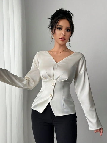 Clasi Women's Elegant Solid Color Cinched Waist Office Shirt