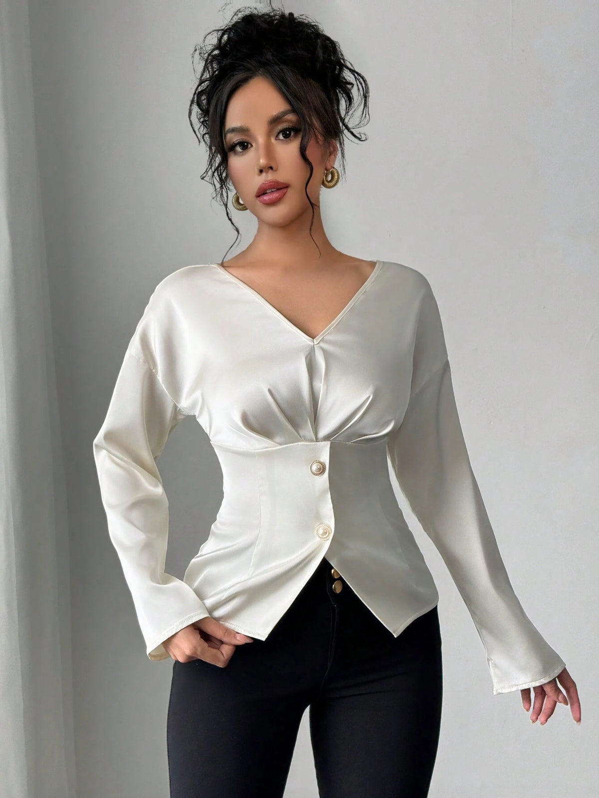 Clasi Women's Elegant Solid Color Cinched Waist Office Shirt