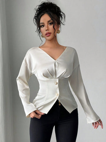 Clasi Women's Elegant Solid Color Cinched Waist Office Shirt