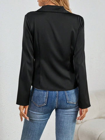 Clasi Women's Elegant Solid Color Lace Patchwork Ruffle Long Sleeve Blouse,