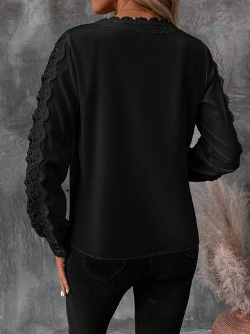 Clasi Women's Elegant Solid Color Lace Patchwork Shirt, Autumn