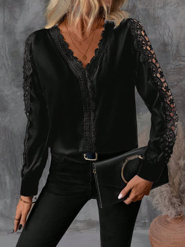 Clasi Women's Elegant Solid Color Lace Patchwork Shirt, Autumn