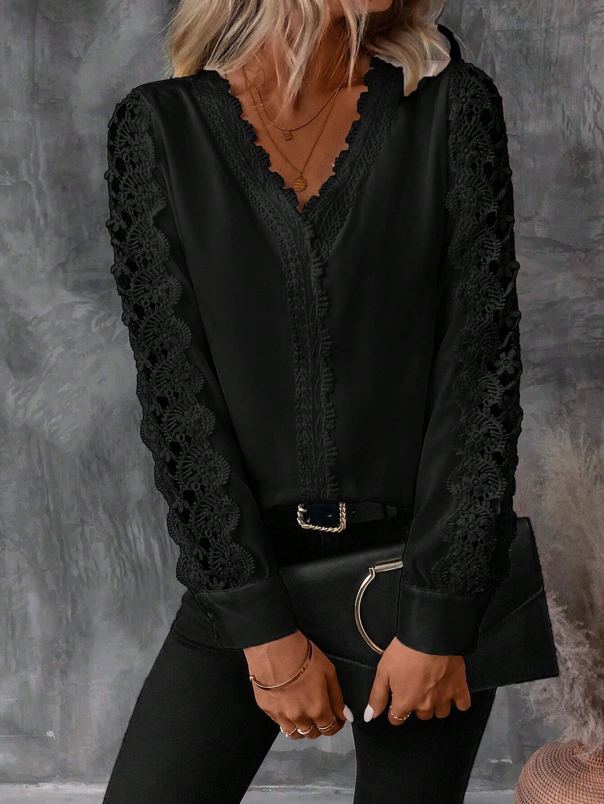 Clasi Women's Elegant Solid Color Lace Patchwork Shirt, Autumn