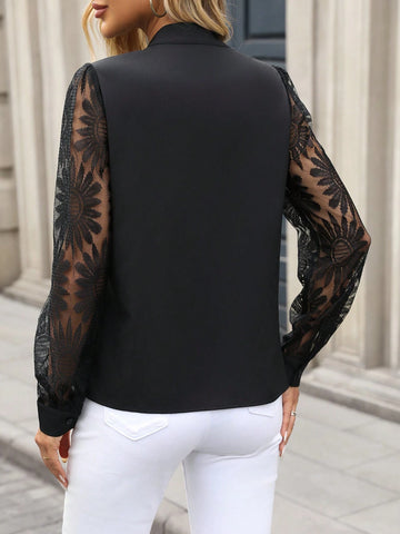 Clasi Women's Elegant Solid Color Sunflower Pattern Lace Patchwork Shirt,