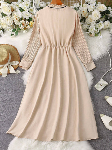 Women's Elegant Tie Collar Color-Block Pleated Long Sleeve Dress