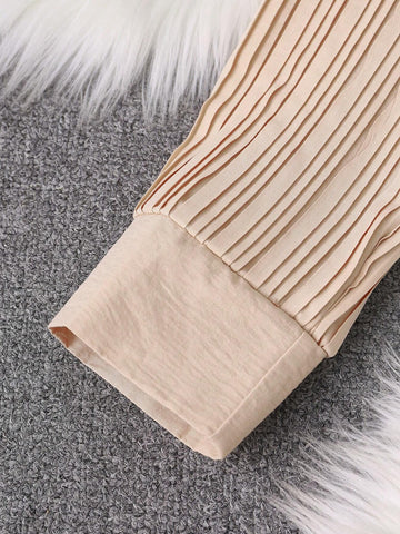 Women's Elegant Tie Collar Color-Block Pleated Long Sleeve Dress