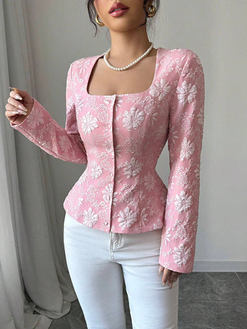 Clasi Women's Elegant Trapezoid Collar Button Down Long Sleeve Shirt,