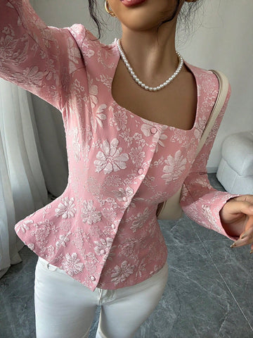 Clasi Women's Elegant Trapezoid Collar Button Down Long Sleeve Shirt,