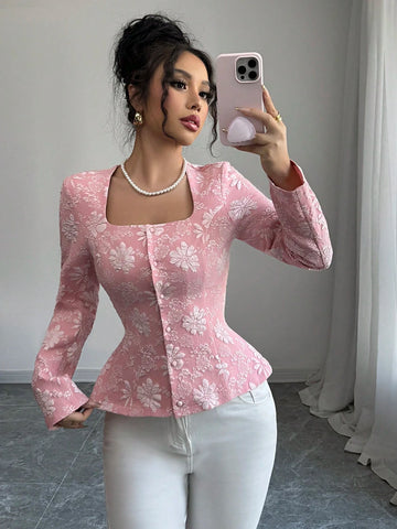 Clasi Women's Elegant Trapezoid Collar Button Down Long Sleeve Shirt,