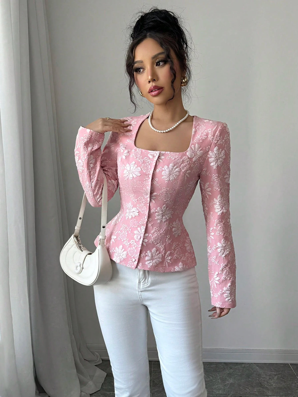 Clasi Women's Elegant Trapezoid Collar Button Down Long Sleeve Shirt,