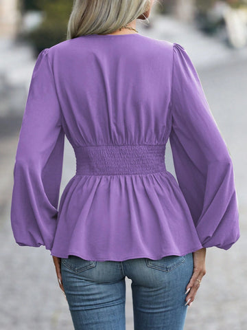 Clasi Women's Elegant V-Neck Cinch Waist Lantern Sleeve Blouse, Autumn