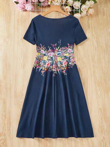 Women's Elegant V-Neck Floral Print Summer Short Sleeve Dress