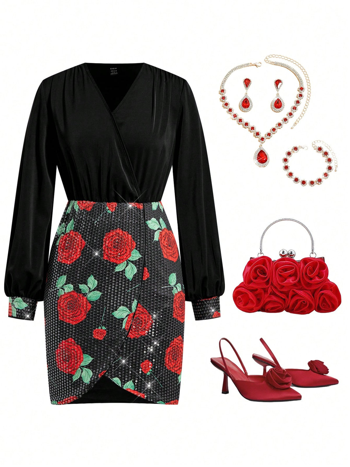 Women's Elegant V-Neck Fuchsia Pink Sequined Black & Red Mini Bodycon Dress, New