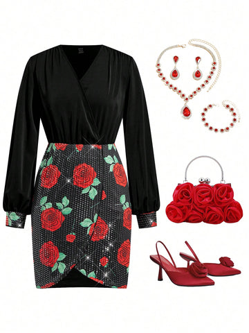 Women's Elegant V-Neck Fuchsia Pink Sequined Black & Red Mini Bodycon Dress, New