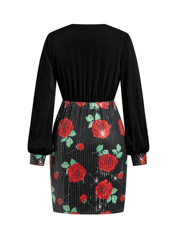 Women's Elegant V-Neck Fuchsia Pink Sequined Black & Red Mini Bodycon Dress, New