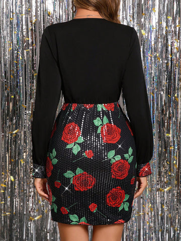 Women's Elegant V-Neck Fuchsia Pink Sequined Black & Red Mini Bodycon Dress, New