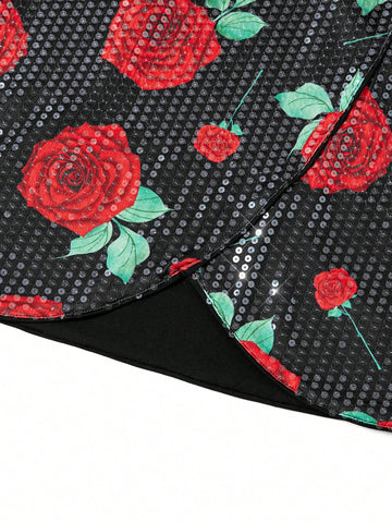 Women's Elegant V-Neck Fuchsia Pink Sequined Black & Red Mini Bodycon Dress, New