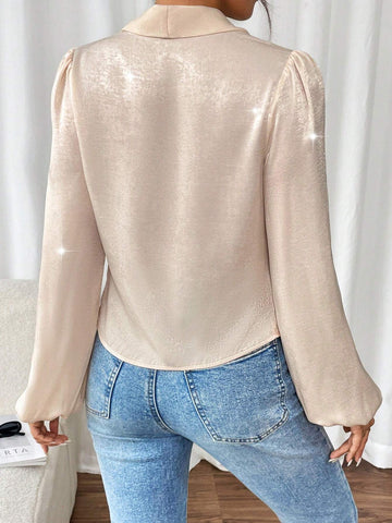 Clasi Women's Elegant Wrap Round Neck Lantern Sleeve Waist Cinched Long Sleeve Shirt, Autumn