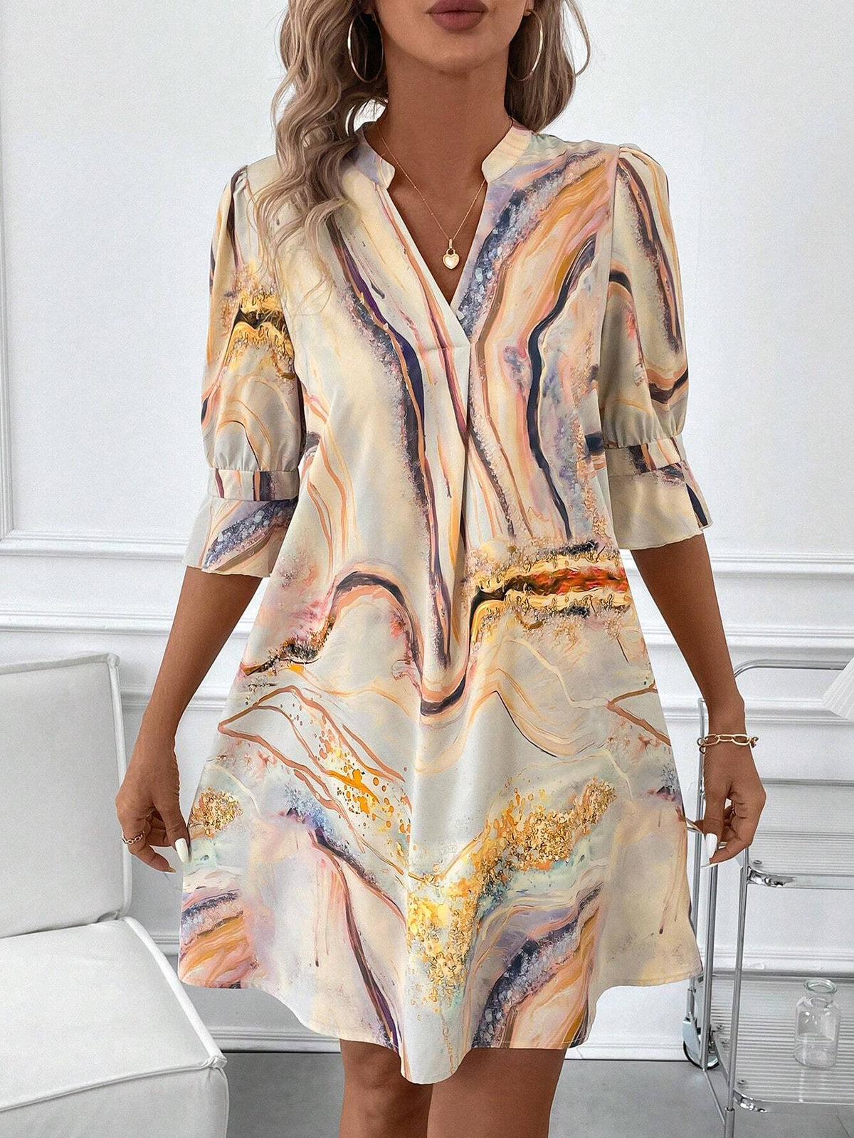 Women's Embroidery Notch V-Neck Short Sleeve Straight Loose Casual Dress, Summer Blue Dress