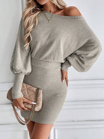 Women's Fall/Winter Knitted Fleece Sweater Dress With Lantern Sleeves And Textured Stripes