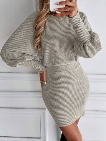 Women's Fall/Winter Knitted Fleece Sweater Dress With Lantern Sleeves And Textured Stripes