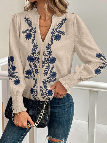 Clasi Women's Fall Ruffle Trim Embroidered Blue And White Long Sleeve Shirt